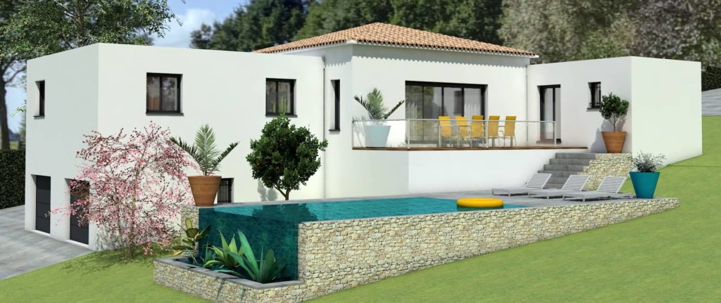Grande maison contemporaine à plusieurs niveaux avec piscine, solarium et terrasse, construction les maisons Joel Maddalena