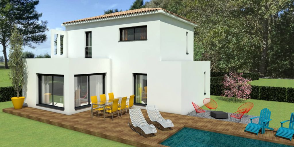 Construction de maison aux lignes modernes, terrasse à l'étage, solarium, piscine, construction Maison Maddalena