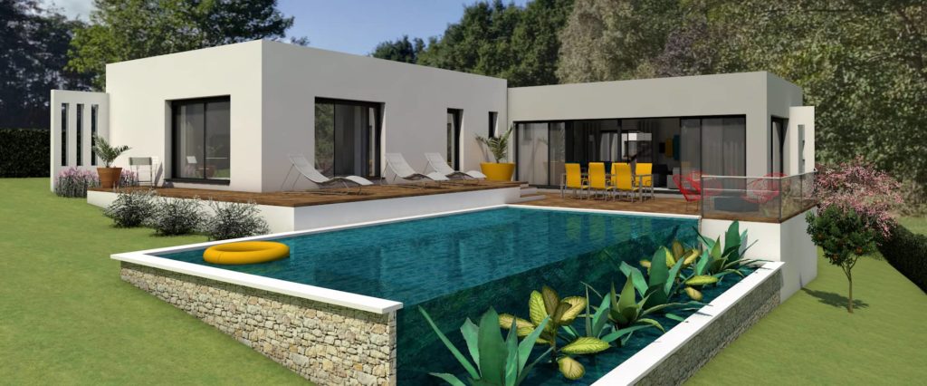 Grande villa contemporaine, baies vitrées, terrasse, solarium et piscine. maison neuve