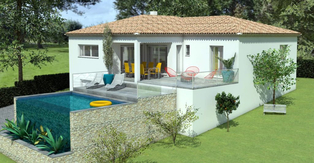 Maison de plain pied avec terrasse couverte et piscine à débordement sur terrain en pente