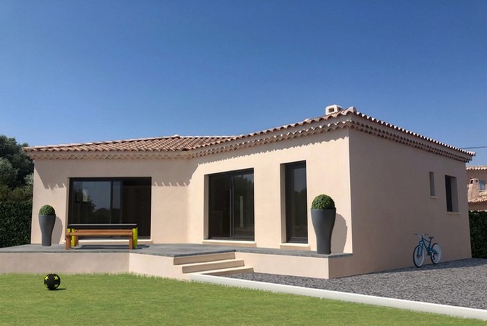 Maison traditionnelle de plain-pied avec terrasse, plan sur mesure RT2012. Maison individuelle construite par LES MAISONS JOEL MADDALENA.