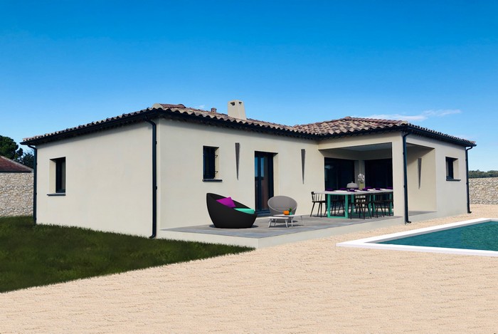 Maison familiale traditionnelle de plain-pied avec terrasse. Maison individuelle construite par LES MAISONS JOEL MADDALENA.